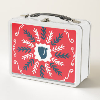 Folk Doodle Art Christmas Tile Metal Lunch Box