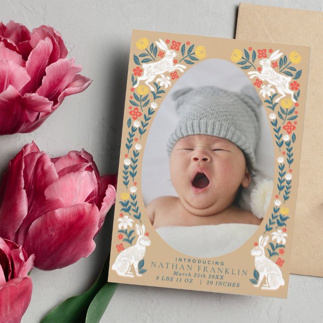 Folk Easter Egg Baby Photo Birth Announcement Card (Creator Uploaded)