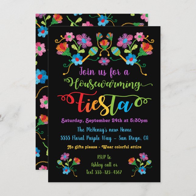 Folk Embroidery Mexican Fiesta Housewarming party Invitation (Front/Back)