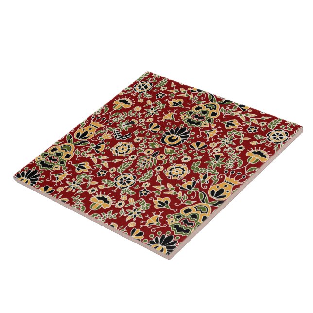 Folk Embroidery Yellow, Green, Black on Deep Red Ceramic Tile (Side)