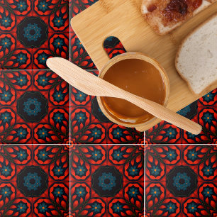 Folk Ethnic Red Black Blue Floral Pattern Ceramic Tile