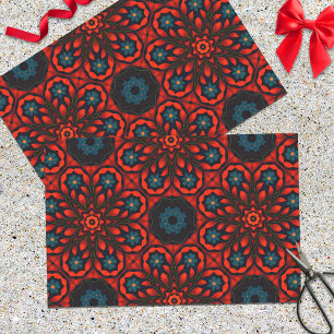 Folk Ethnic Red Black Blue Floral Pattern Tissue Paper