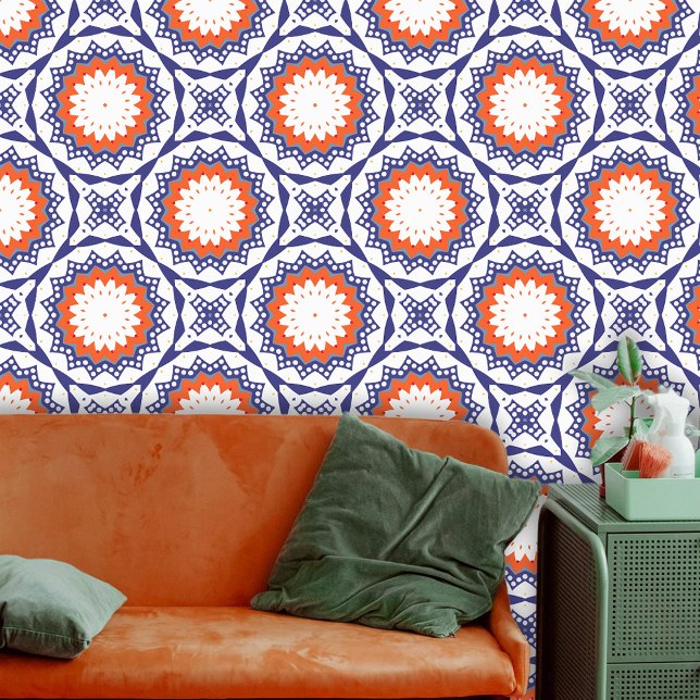 Folk Ethnic Talavera Blue Orange White Geometric Wallpaper (Creator Uploaded)