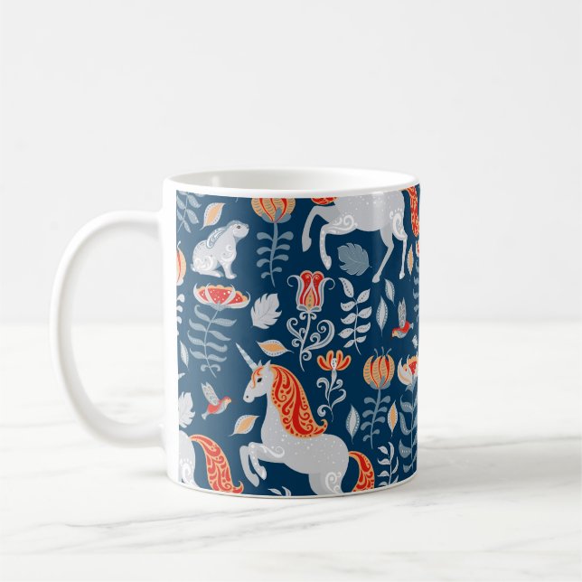 Folk Fantasy: Unicorns, Rabbits, Birds Coffee Mug (Left)