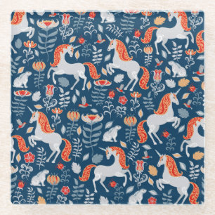 Folk Fantasy: Unicorns, Rabbits, Birds Glass Coaster