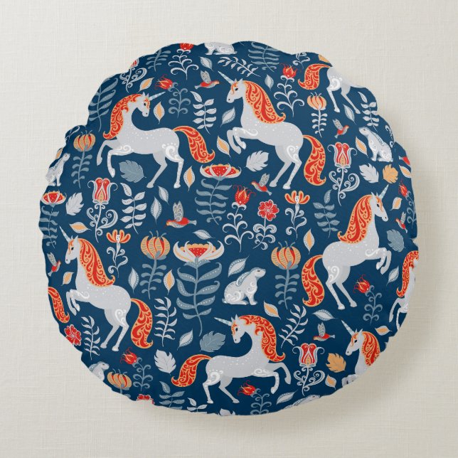Folk Fantasy: Unicorns, Rabbits, Birds Round Cushion (Front)