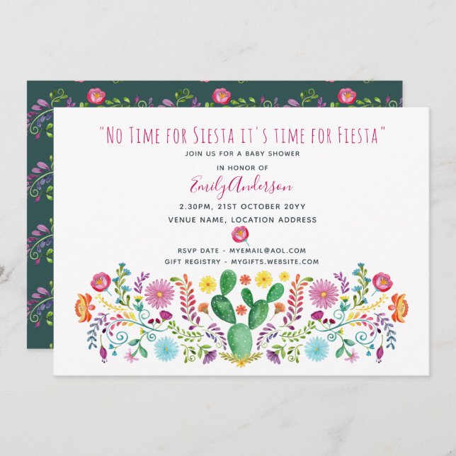 Folk Fiesta Baby Shower Invite Watercolor Cacti (Front/Back)