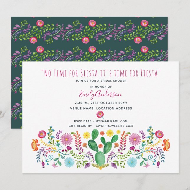 Folk Fiesta Bridal Shower Invite Watercolor Cacti (Front/Back)