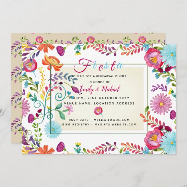 Folk Fiesta Rehearsal Dinner Invitation Watercolor (Front/Back)