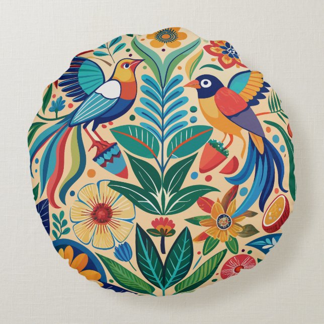 Folk Flora & Fauna Round Cushion (Back)