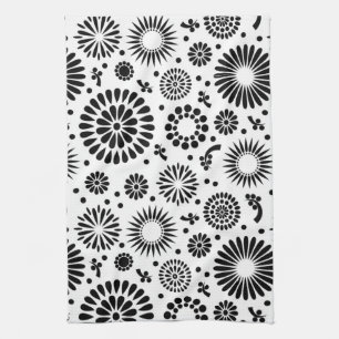Folk Floral Black and White Flowers Boho Chic Tea Towel