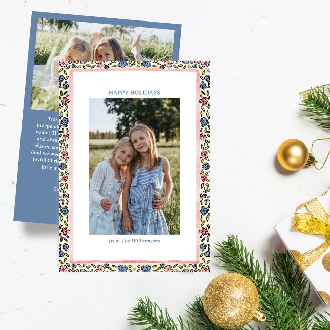 Folk Floral Border Modern Coquette Christmas Photo Holiday Card (Creator Uploaded)