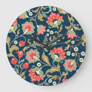 Folk Floral Colourful: Hand Drawn Seamless Large Clock