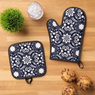 Folk Floral Navy White Nordic Pattern  Oven Mitt & Pot Holder Set