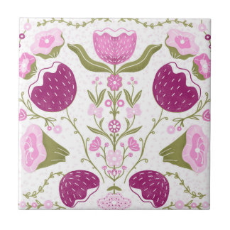 Folk Floral Pattern. Pink & Burgundy Flower Design Ceramic Tile