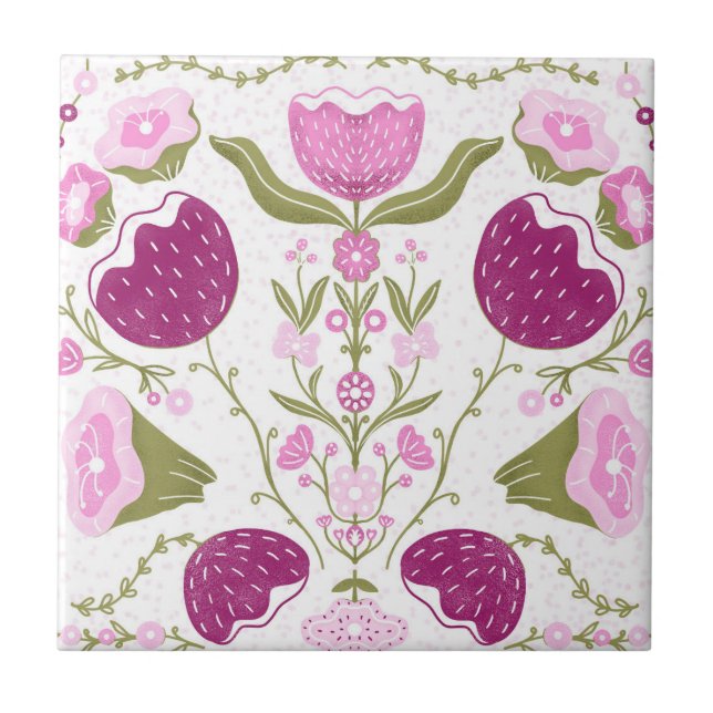 Folk Floral Pattern. Pink & Burgundy Flower Design Ceramic Tile (Front)