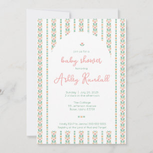 Folk Floral Stripe- Pink- Baby Shower Invitation