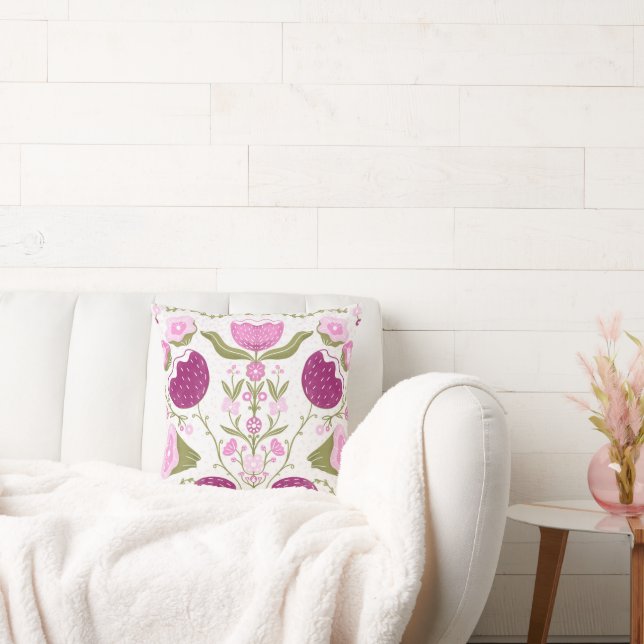 Folk Floral Throw – Pink & Burgundy Botanic. Cushion (Couch)