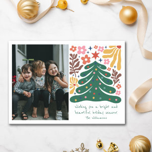 Folk Floral Tree Bright Christmas Photo Cute Holiday Card