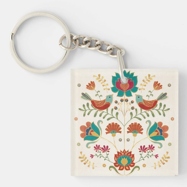 Folk Floral With Birds Key Ring (Front)