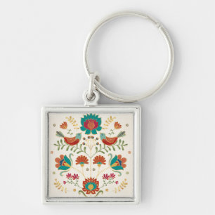 Folk Floral With Birds Key Ring