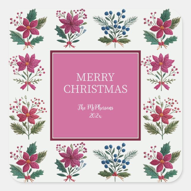 Folk Florals Christmas Square Sticker (Front)