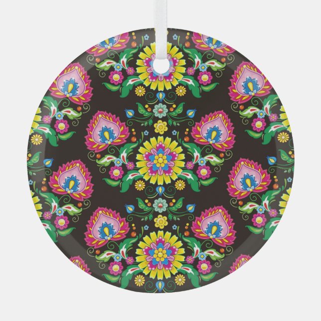 Folk flourish pattern: retro colourful tiles glass tree decoration (Front)