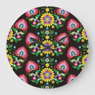 Folk flourish pattern: retro colourful tiles large clock