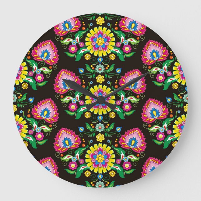 Folk flourish pattern: retro colourful tiles large clock (Front)