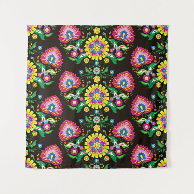 Folk flourish pattern: retro colourful tiles tapestry (Front)