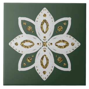 folk flower 1 green and white ceramic tile
