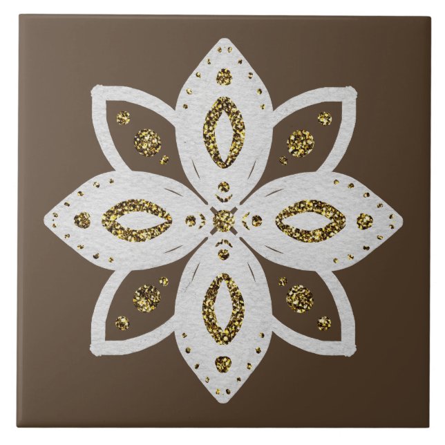 folk flower 1 lite brown and white ceramic tile (Front)