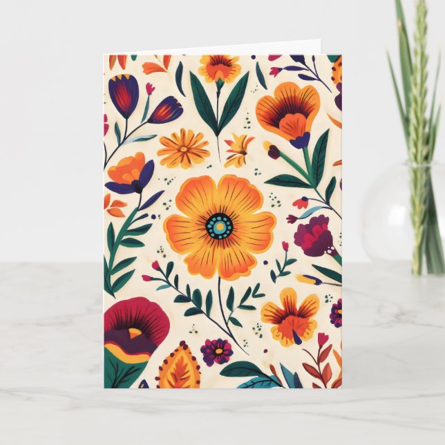 Folk Flowers Colourful Holiday Card (Front)