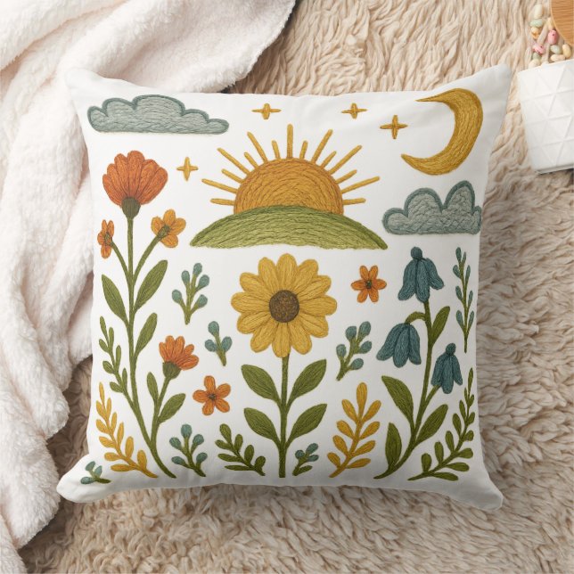 Folk Flowers Embroidered Look  Cushion (Blanket)