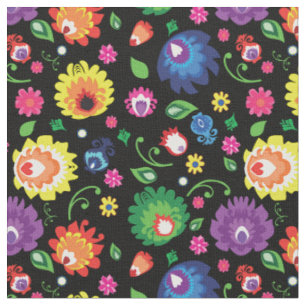 Folk Flowers - flower meadow in black Fabric