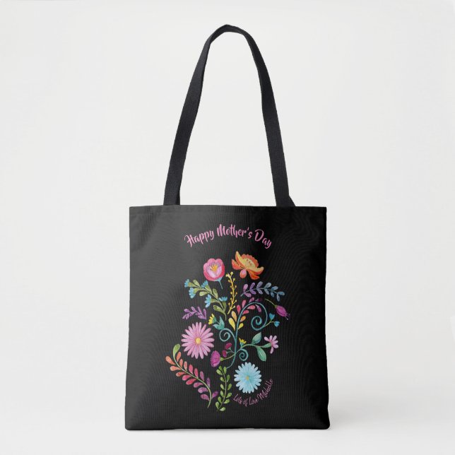 Folk Flowers Mothers Day Tote - Watercolor Named Bag (Front)