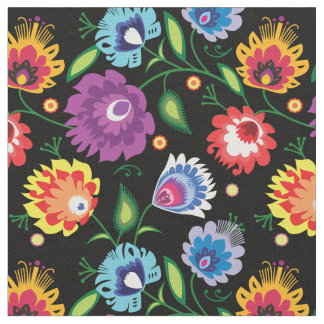 Folk flowers on black fabric