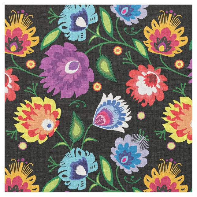 Folk flowers on black fabric (Close Up)