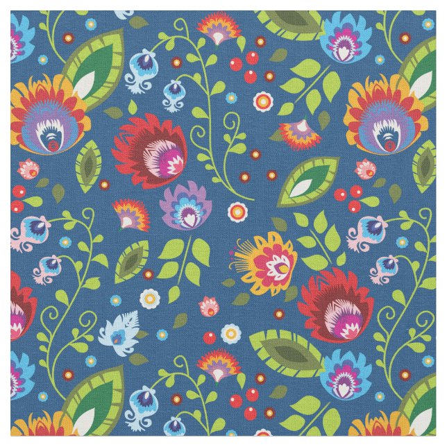 🌺🌹🌷Folk flowers on classic blue fabric (Close Up)