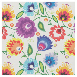 Folk flowers on white fabric