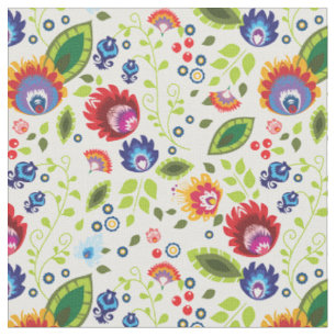 Folk flowers on white fabric