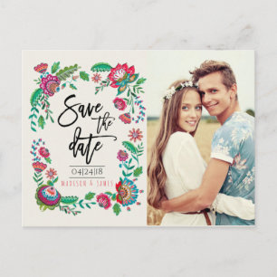 Folk Flowers   Save the Date   Photo Postcard