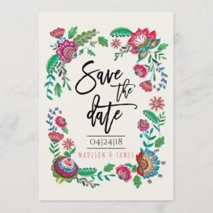 Folk Flowers Stripe Save the Date Invitation