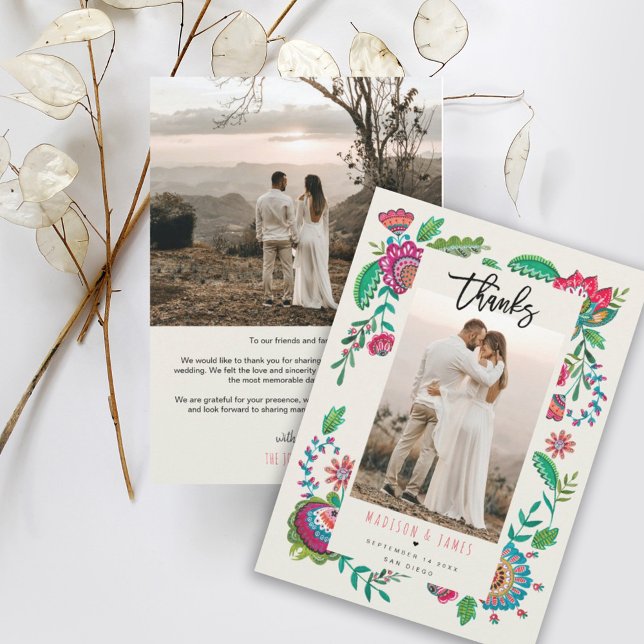Folk Flowers Thank you Wedding Photo Card (Creator Uploaded)