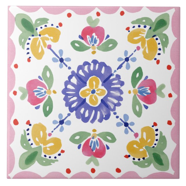Folk Garden Watercolor Ceramic Tile (Front)