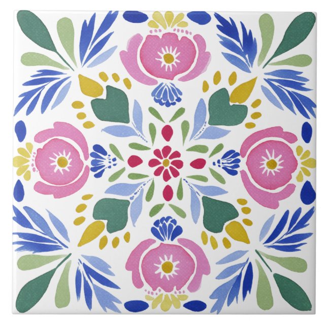 Folk Garden Watercolor Ceramic Tile (Front)