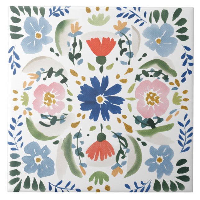 Folk Garden Watercolor Ceramic Tile (Front)