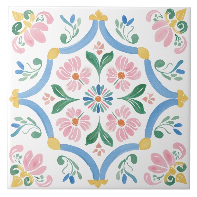 Folk Garden Watercolor Ceramic Tile (Front)