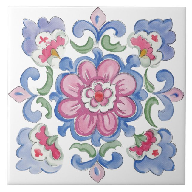 Folk Garden Watercolor Ceramic Tile (Front)