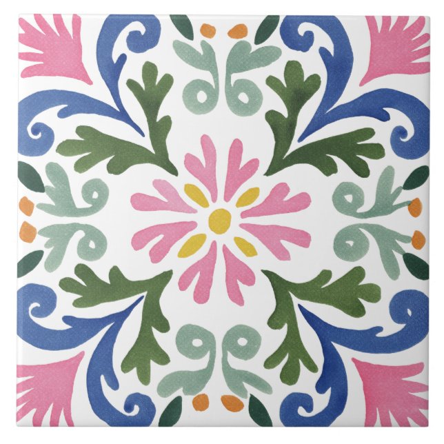 Folk Garden Watercolor Ceramic Tile (Front)